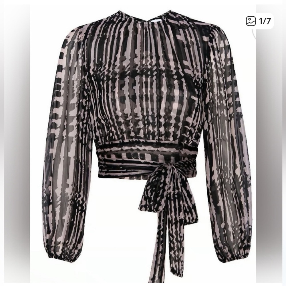 Women's Misa Black and Blush Patterned Long-sleeve Blouse open tie back - Picture 2 of 6